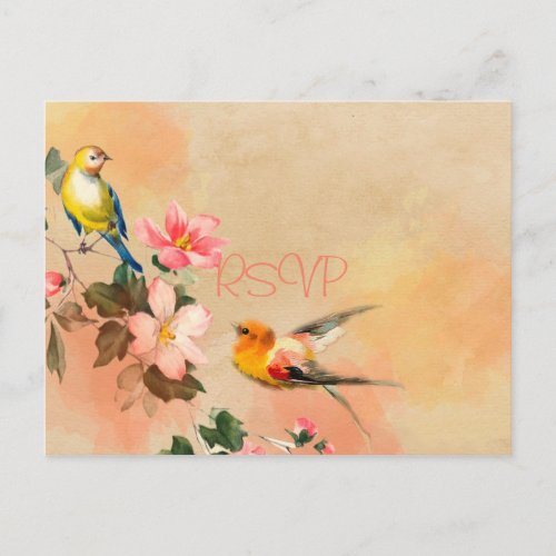 Vintage Birds and Flowers Wedding RSVP with photo Invitation Postcard