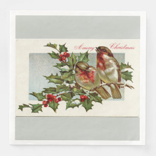 Vintage Birds and Holly Gray Christmas Paper Dinner Napkins
