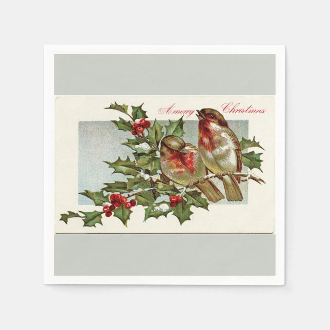 Vintage Birds and Holly Gray Christmas Paper Napkins (Front)