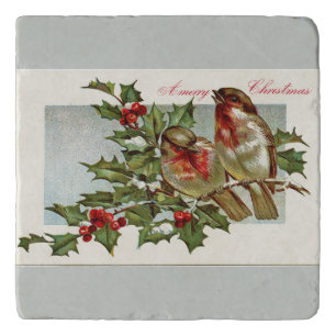 Vintage Birds and Holly Gray Christmas Trivet