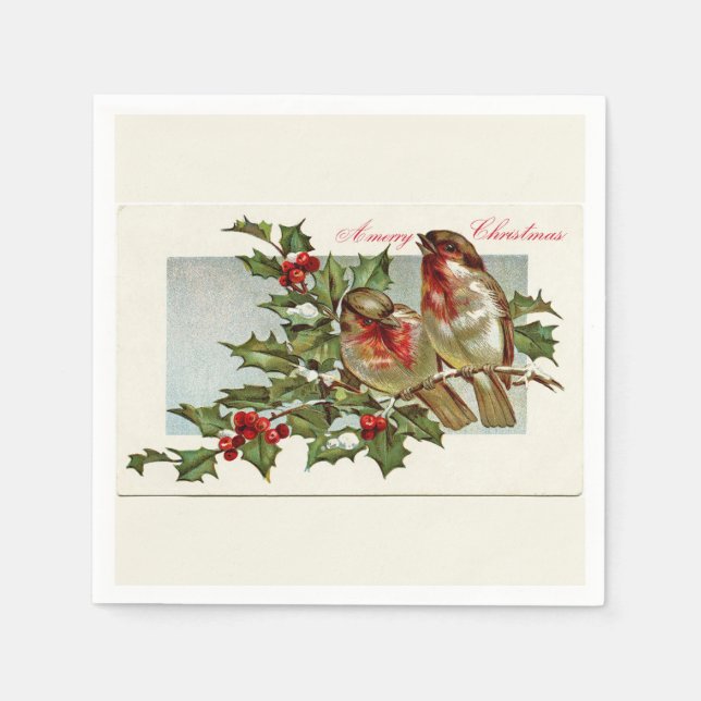 Vintage Birds and Holly Light Yellow Christmas Napkins (Front)