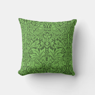 Vintage Birds and Rabbits, emerald green,  Throw Pillow