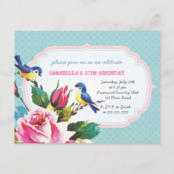 Vintage Birds And Roses Birthday Party Invitation by jardinsecret at Zazzle