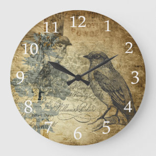 Vintage Birds and White Numbers Large Clock