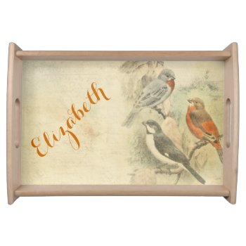 Vintage Birds And Writing Serving Tray by MarceeJean at Zazzle