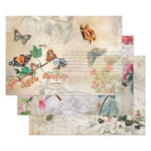 Vintage Birds, Bees & Butterfly Ephemera Decoupage Wrapping Paper Sheets