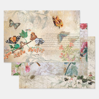 Vintage Birds, Bees & Butterfly Ephemera Decoupage Wrapping Paper Sheets