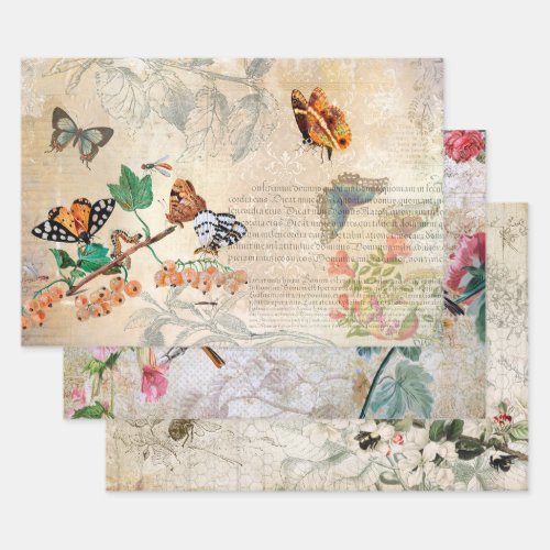 Vintage Birds Bees  Butterfly Ephemera Decoupage Wrapping Paper Sheets