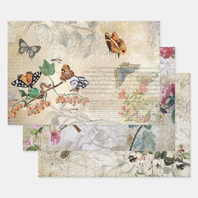 Vintage Birds, Bees & Butterfly Ephemera Decoupage Wrapping Paper Sheets (Set)