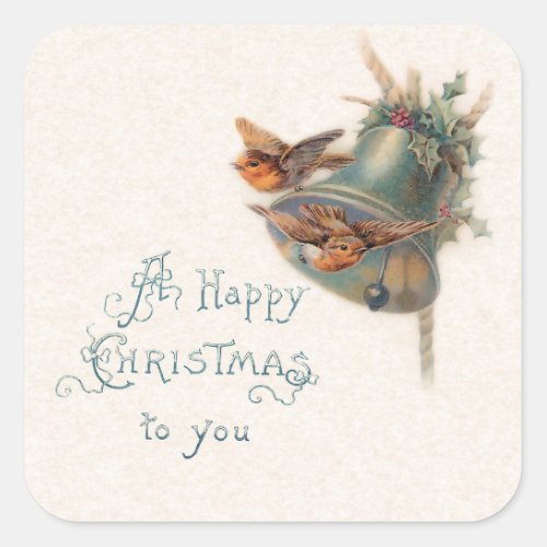 Vintage Birds Bell and Holly with Greeting Square Sticker
