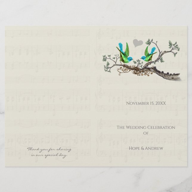 Vintage Birds Blue & Green Wedding Program (Front)
