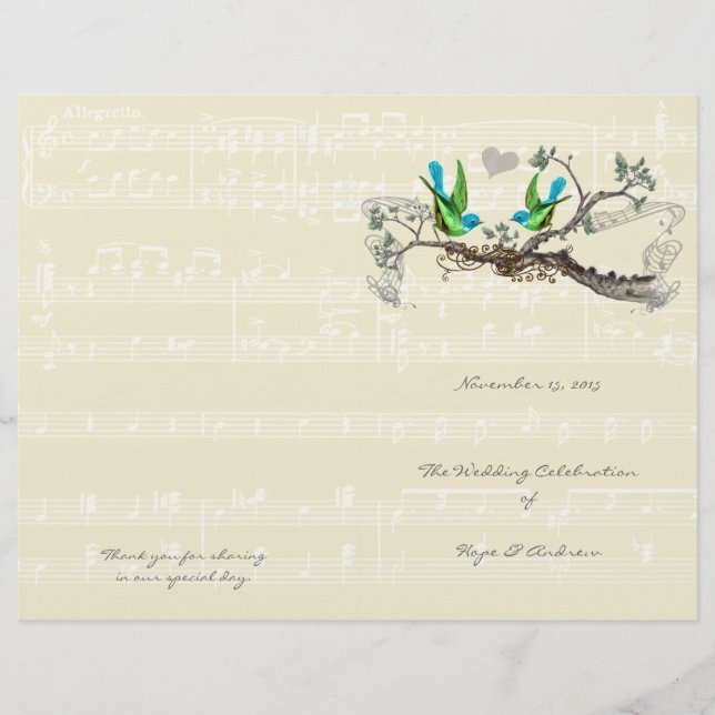 Vintage Birds Blue & Green Wedding Program (Front)
