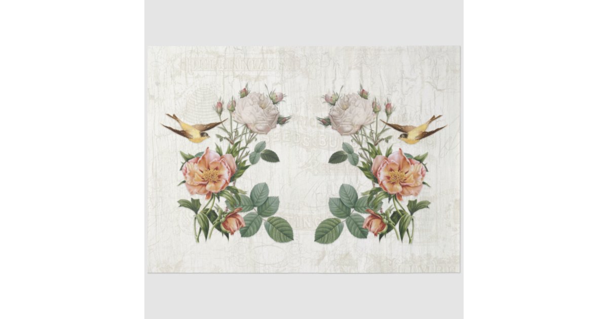 Vintage Birds Botanical Flowers Ephemera Decoupage Tissue Paper | Zazzle