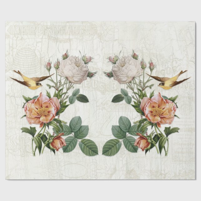 Vintage Birds Botanical Flowers Ephemera Decoupage Wrapping Paper (Flat)