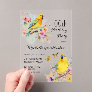 Vintage Birds Canaries Flowers 100th Birthday Acrylic Invitations