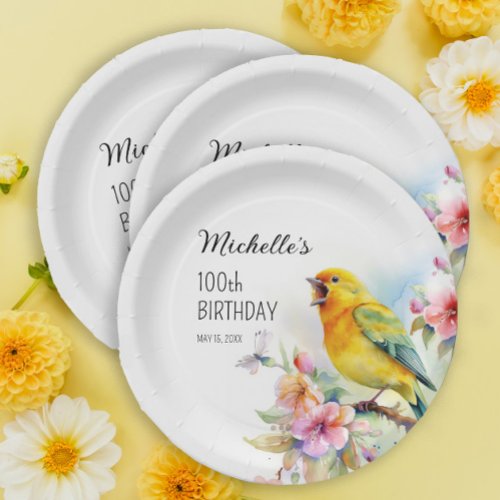 Vintage Birds Canaries Flowers 100th Birthday Paper Plates