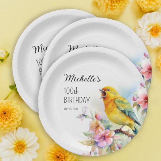 Vintage Birds Canaries Flowers 100th Birthday Paper Plates (Creator Uploaded)