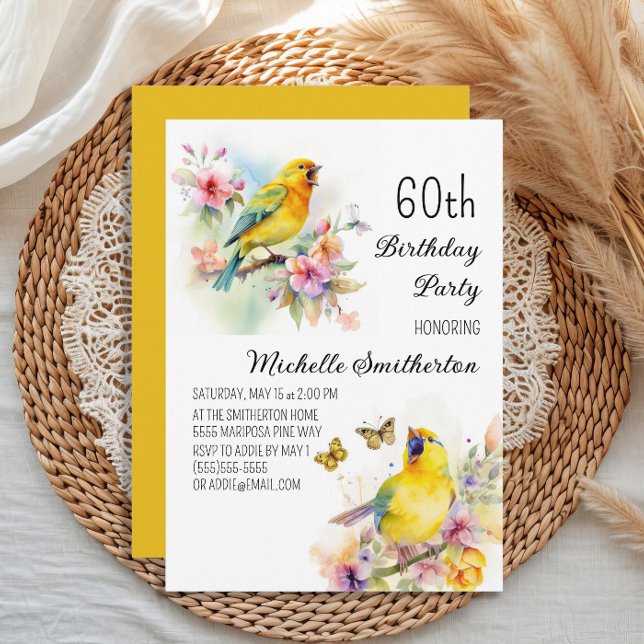 Vintage Birds Canaries Flowers 60th Birthday Invitation (Yellow canary women's 60th birthday party invitation)