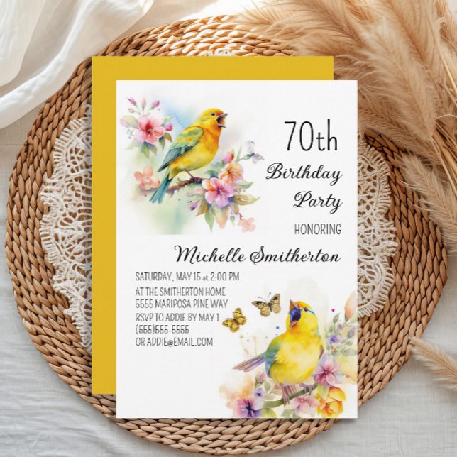 Vintage Birds Canaries Flowers 70th Birthday Invitation (Yellow canary women's 70th birthday party invitation)