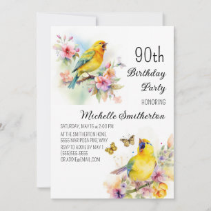 Vintage Birds Canaries Flowers 90th Birthday Invitation