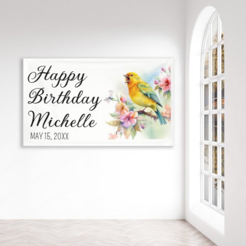 Vintage Birds Canaries Flowers Happy Birthday Banner