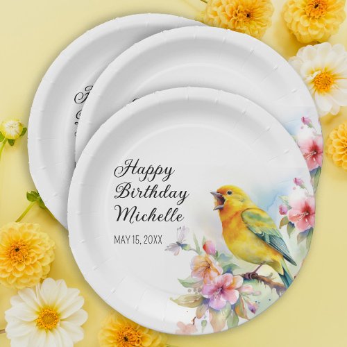 Vintage Birds Canaries Flowers Happy Birthday Paper Plates