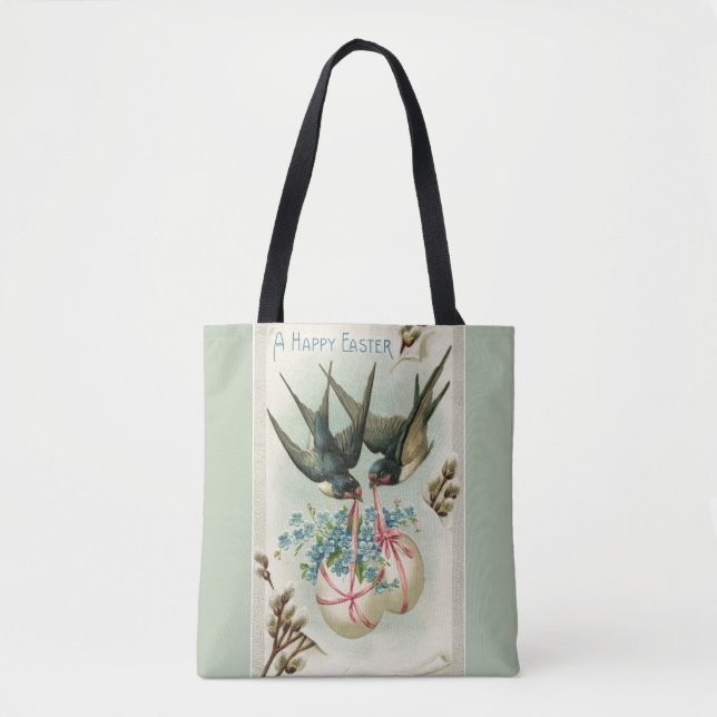 Vintage Birds Carrying Easter Eggs Green Tote Bag (Front)