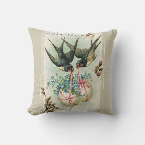Vintage Birds Carrying Easter Eggs Throw Pillow