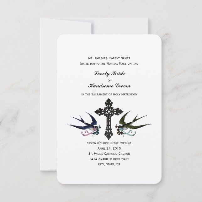 Vintage Birds Catholic Small Wedding Invitation (Front)