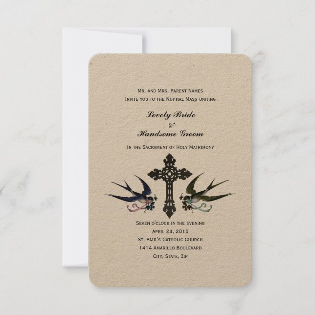 Vintage Birds Catholic Small Wedding Invitation (Front)