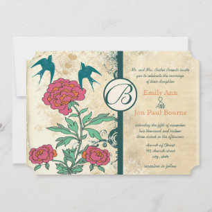 Vintage Birds Damask Cabbage Rose Wedding Invites