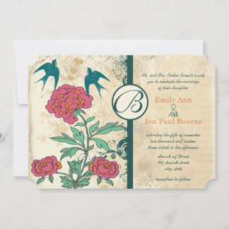 Vintage Birds Damask Cabbage Rose Wedding Invites
