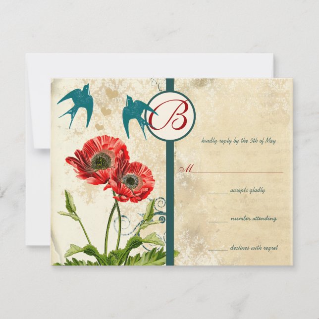 Vintage Birds Damask Poppy Wedding Invitation (Front)
