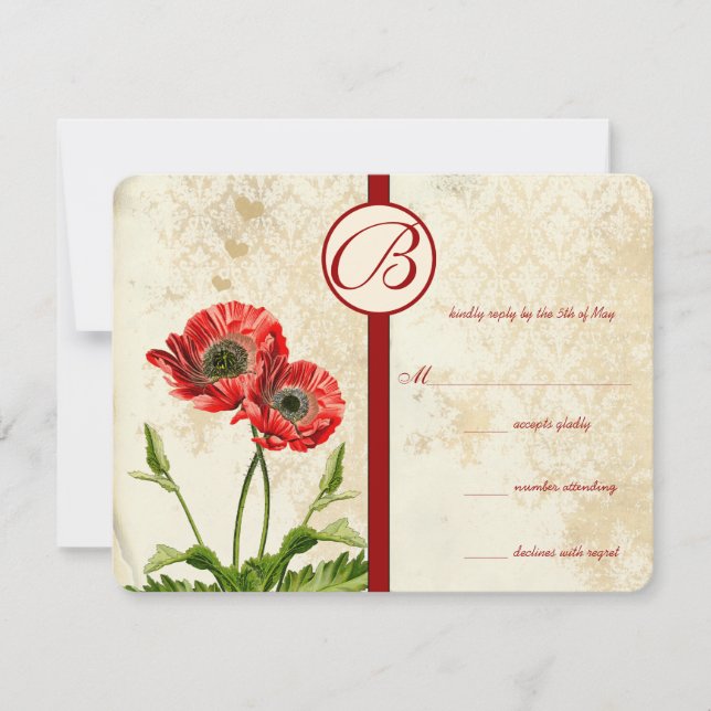 Vintage Birds Damask Poppy Wedding RSVP Card (Front)
