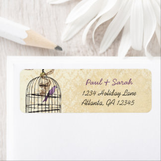 Vintage Birds Damask Purple and gold Bird Cage Label