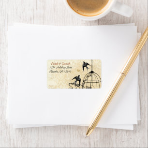 Vintage Birds Damask Swallow Black Bird Cage Label