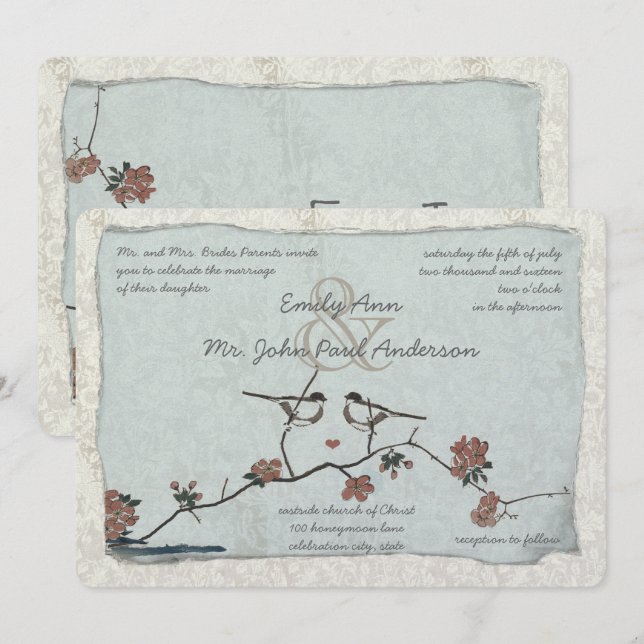 Vintage Birds Damask Wedding Invitations (Front/Back)