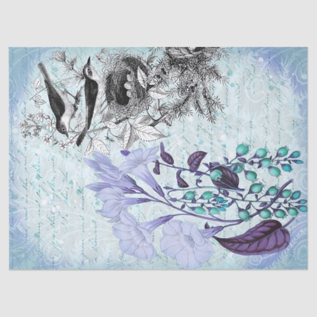 Vintage Birds Decoupage Blue Tissue Paper (Front)