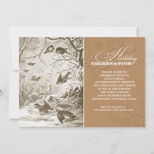 vintage birds drawing holiday celebration invites (Front)