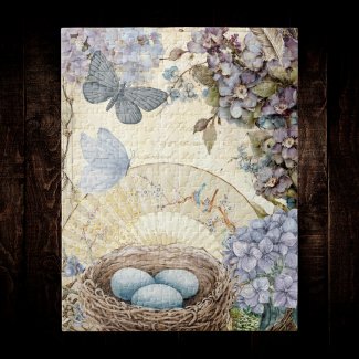 Vintage Birds Eggs and Nest Feather Hydrangea