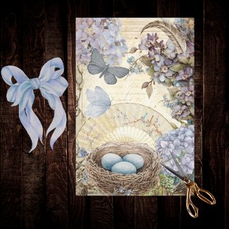 Vintage Birds Eggs and Nest Feather Hydrangea