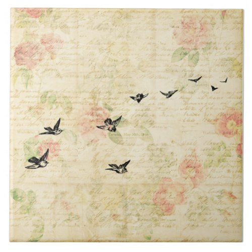 Vintage Birds Elegant Floral Script Paper Style Ceramic Tile