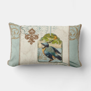 Vintage Birds Fleur de Lis Songbird Swirl Collage Lumbar Pillow
