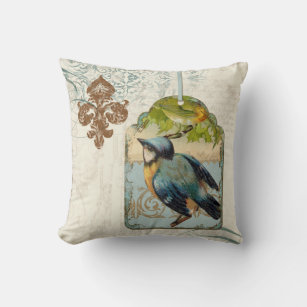 Vintage Birds Fleur de Lis Songbird Swirl Collage Throw Pillow