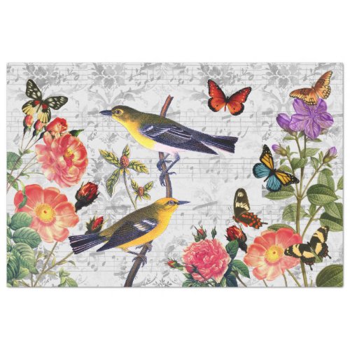 Vintage Birds Flowers Butterflies Music Decoupage Tissue Paper
