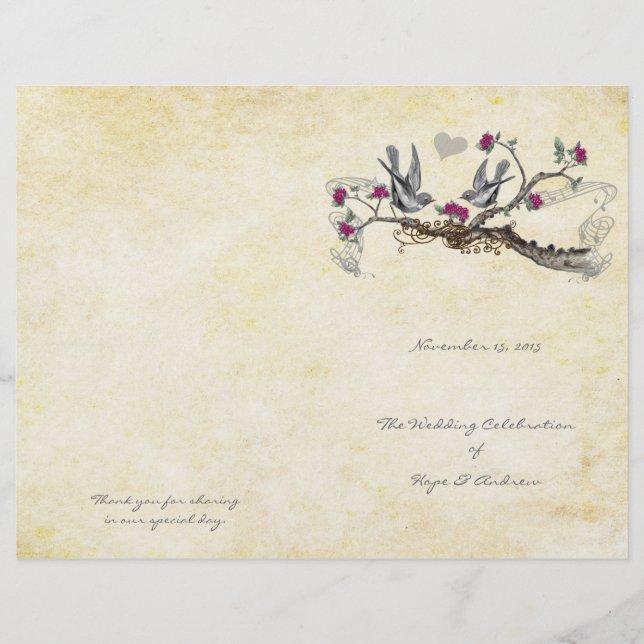 Vintage Birds Fuchsia & Gray Wedding Program (Front)