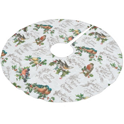 Vintage Birds Holly  Christmas Greetings Brushed Polyester Tree Skirt