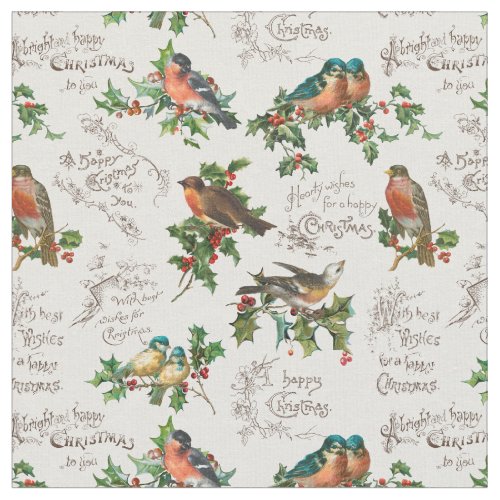 Vintage Birds Holly  Christmas Greetings Fabric