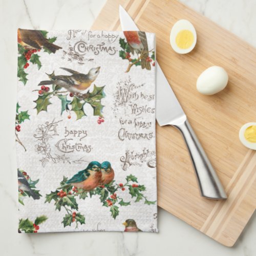 Vintage Birds Holly  Christmas Greetings Kitchen Towel