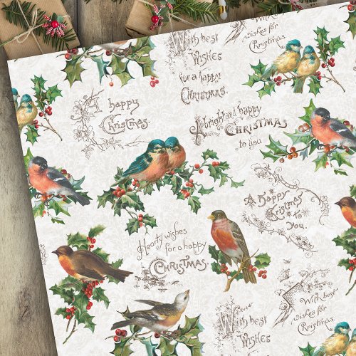 Vintage Birds Holly  Christmas Greetings Tissue Paper